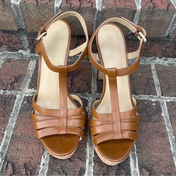 Michael Michael Kors Brown Leather Strappy Cork Heeled Platform Sandals Size 11M - Picture 2 of 15